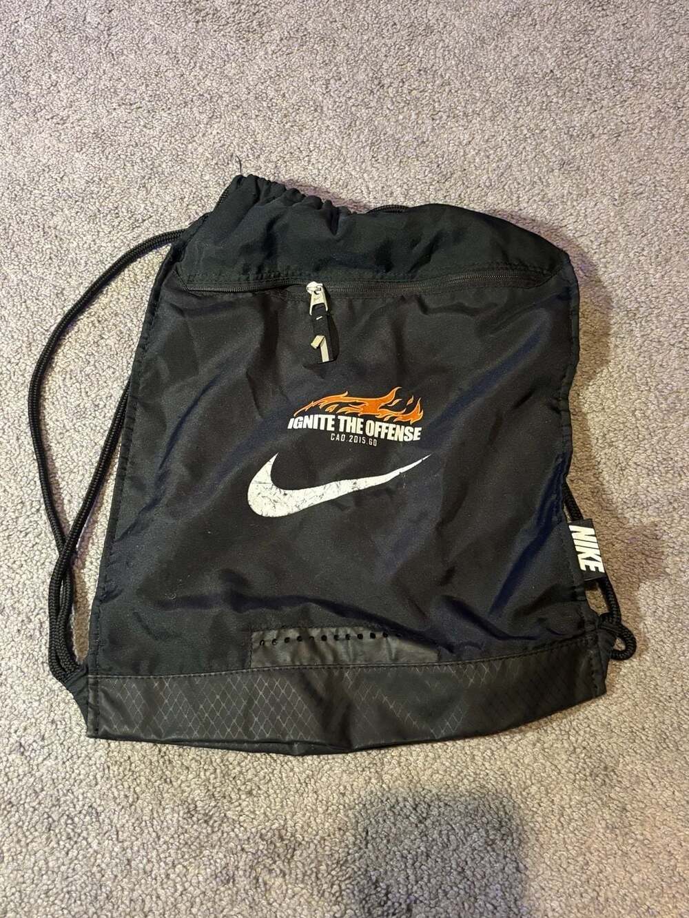 Nike Black Drawstring Gym Bag Backpack With Zipper Pocket “Ignite The Offense”